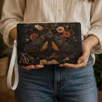 Load image into Gallery viewer, Moth Clutch Bag, Personalized – Vintage Gothic Botanical Vegan Leather Wristlet