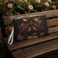 Load image into Gallery viewer, Moth Clutch Bag, Personalized – Vintage Gothic Botanical Vegan Leather Wristlet