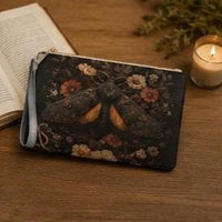 Load image into Gallery viewer, Moth Clutch Bag, Personalized – Vintage Gothic Botanical Vegan Leather Wristlet