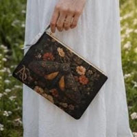 Load image into Gallery viewer, Moth Clutch Bag, Personalized – Vintage Gothic Botanical Vegan Leather Wristlet