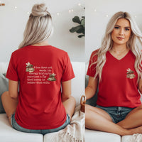 Load image into Gallery viewer, Womens Bee Tee Vneck Cotton Shirt Embroidered Bee Design Honeycomb Graphic Back Quote Tee Nature Inspired Apparel Soft Comfortable Fabric Beekeeper Gift Shirt Environmental Awareness Clothing Pollinator Lover Tee Semi Fitted Vneck Design