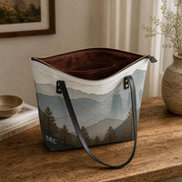 Load image into Gallery viewer, Mountain Landscape Tote Bag Nature Inspired Design Personalized Leather Crossbody Bag Wilderness Theme Forest Print Women Handbag Professional Work Bag Zipper Closure Shoulder Strap Everyday Carry Adventure Travel Tote Interior Pockets