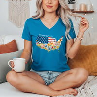 Load image into Gallery viewer, Fourth of July Shirt Women – Watercolor Usa 250 Vneck Floral Tee