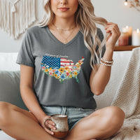 Load image into Gallery viewer, Fourth of July Shirt Women – Watercolor Usa 250 Vneck Floral Tee