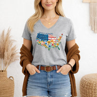 Load image into Gallery viewer, Fourth of July Shirt Women – Watercolor Usa 250 Vneck Floral Tee