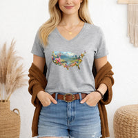 Load image into Gallery viewer, Nature Lover Gift Women Vneck Tee Usa Map Landscape Shirt Mountain Wildflower Design Cotton Tshirt American Pride Apparel Comfortable Fitted Silhouette Breathable Soft Fabric Casual Travel Outfit Perfect Outdoor Activity Wear Patriotic