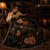 Load image into Gallery viewer, Woven Tapestry Throw Blanket Tree Of Life Design Cotton Fringe Detail Botanical Floral Pattern Black Background Boho Home Accent Nature Inspired Textile Cozy Sofa Throw Living Room Bedroom Soft Fabric Artisan Crafted Symbolic Gift