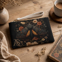 Load image into Gallery viewer, Moth Illustration Wristlet Clutch Vintage Gothic Botanical Floral Print Vegan Leather Pouch Dark Cottagecore Aesthetic Zippered Makeup Bag Phone Wallet Card Holder Travel Organizer Cosmetics Storage Gift For Women Nature Inspired Design