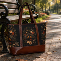 Load image into Gallery viewer, Structured Laptop Tote Bag Organized Compartments Padded Protection Vintage Floral Print Botanical Moth Design Water Resistant Material Professional Work Bag Boho Style Carryall Spacious Interior Faux Leather Trim Comfortable Shoulder