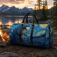 Load image into Gallery viewer, Versatile Weekend Duffle Bag Personalized Monogram Travel Carrier Gym Workout Bag Men Outdoor Adventure Essential Artistic Mountain Design Starry Night Pattern PU Leather Construction Spacious Carry On Luggage Camping Hiking Bag Perfect