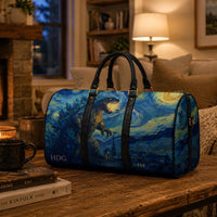 Load image into Gallery viewer, Artistic Travel Bag Van Gogh Inspired Starry Night Design Custom Monogram Duffle Weekend Getaway Luggage Mountain Scene Pattern PU Leather Weekend Bag Spacious Carry On Size Perfect Gift Men Gym Sports Bag Outdoor Adventure Carrier