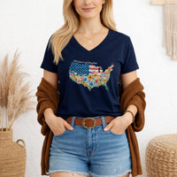 Load image into Gallery viewer, Fourth of July Shirt Women – Watercolor Usa 250 Vneck Floral Tee