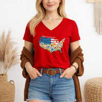Load image into Gallery viewer, Fourth of July Shirt Women – Watercolor Usa 250 Vneck Floral Tee