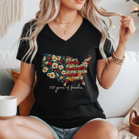 Load image into Gallery viewer, Floral American Flag Shirt Women Vneck Cotton Tee USA Map Pattern Design Soft Comfortable Fit 250 Years Anniversary Celebration Fourth July Independence Day Patriotic Gift Casual Everyday Wear Feminine Design Heathered Navy Breathable