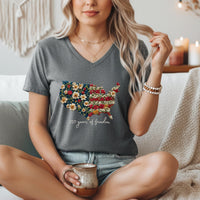 Load image into Gallery viewer, Patriotic Shirt Women – Floral Usa Vneck 250 Years Anniversary