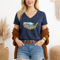 Load image into Gallery viewer, Usa Map Shirt Women Vneck Tee Nature Landscape Design Cotton Tshirt Comfortable Fitted Silhouette Mountain Wildflower Botanical Print American Pride Apparel Patriotic Clothing Casual Everyday Wear Breathable Fabric Soft Material Perfect