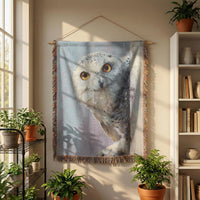 Load image into Gallery viewer, Snowy Owl Wall Art Woven Cotton Tapestry Wildlife Bird Photography Home Accent Perfect Gift For Nature Lovers Rustic Farmhouse Living Room Bedroom Office Display Blue White Tones Golden Eyes Fringe Trim Wooden Rod Hanging Cord Included Cozy