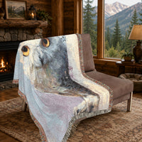 Load image into Gallery viewer, Wildlife Photography Tapestry Snowy Owl Portrait Woven Cotton Throw Blanket Wall Hanging Art Woodland Bird Nature Home Accent Cozy Textile Design Blue White Tones Golden Eyes Rustic Farmhouse Bohemian Style Living Room Bedroom Display