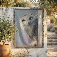 Load image into Gallery viewer, Cozy Cotton Throw Blanket Snowy Owl Tapestry Wall Hanging Wildlife Bird Art Nature Photography Home Accent Woven Textile Design Blue White Golden Eyes Fringe Trim Detail Living Room Bedroom Office Display Rustic Farmhouse Boho Style Perfect