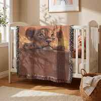 Load image into Gallery viewer, Lion Cub Portrait Throw Blanket Realistic Wildlife Photography Design Handwoven Cotton Woven Textile Safari Jungle Nursery Wall Hanging Tapestry Colorful Fringed Edge Details Cozy Animal Blanket Boho Home Accent Big Cat Theme Perfect Gift
