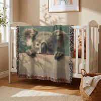 Load image into Gallery viewer, Baby Shower Gift Koala Blanket Handwoven Cotton Animal Nursery Theme Soft Infant Comfort Essential Newborn Crib Bedding Toddler Bedroom Throw Woven Textile Collection Colorful Fringed Edges Wildlife Design Perfect Nursery Gift Gentle