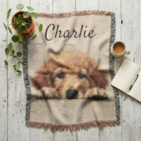 Load image into Gallery viewer, Custom Pet Memorial Blanket Personalized Name Embroidered Woven Cotton Throw Sympathy Gift Dog Lover Keepsake Cherished Memory Tribute Cozy Bedding Nostalgic Heirloom Quality Fringed Edges Photo Reproduction Textile Art Handcrafted Appeal