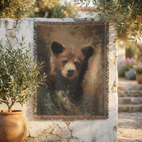 Load image into Gallery viewer, Bear Throw Blanket Woven Cotton Textile Wildlife Tapestry Rustic Cabin Style Handcrafted Bear Cub Portrait Fringed Edge Design Cozy Sofa Throw Wall Hanging Art Nursery Gift Nature Lover Present Lodge Home Accent Woodland Forest Theme Earthy