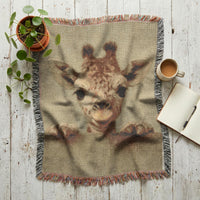 Load image into Gallery viewer, Handcrafted Woven Blanket Cotton Giraffe Safari Design Tactile Textile Construction Decorative Fringe Edges Natural Fiber Throw Animal Portrait Pattern Sage Green Background Boho Home Styling Earth Tone Colors Premium Cotton Quality Soft