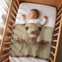 Load image into Gallery viewer, Safari Animal Blanket Giraffe Portrait Design Woven Cotton Throw Wildlife Nursery Styling Boho Fringe Detail Earth Tone Pattern Sage Green Background Handcrafted Textile Construction Natural Cotton Fiber Cozy Room Accent Baby Shower Gift