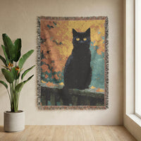 Load image into Gallery viewer, Black Cat Blanket – Handwoven Cotton Throw with Boho Mosaic Design