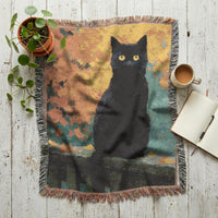 Load image into Gallery viewer, Black Cat Blanket – Handwoven Cotton Throw with Boho Mosaic Design