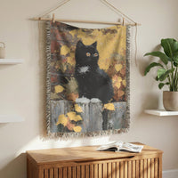 Load image into Gallery viewer, Woven Cotton Throw Blanket Black Cat Design Autumn Leaves Pattern Fall Season Tapestry Style Construction Fringed Edges Detail Perfect Gift Cat Lovers Halloween Home Accent Cozy Seasonal Essential Rustic Farmhouse Aesthetic Soft Quality