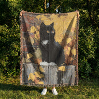 Load image into Gallery viewer, Black Cat Throw Blanket – Woven Cotton with Autumn Leaves Design