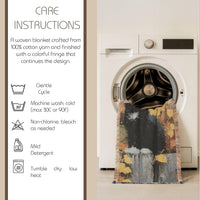 Load image into Gallery viewer, Black Cat Throw Blanket – Woven Cotton with Autumn Leaves Design