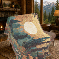 Load image into Gallery viewer, Cabin Style Woven Throw Mountain Lodge Tapestry Blanket Rustic Forest Landscape Moon Scene Wall Hanging Pine Tree Nature Textile Fringe Edge Bohemian Living Room Cozy Home Evergreen Silhouette Earth Tone Woodland Night Sky Design Accent