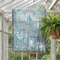 Load image into Gallery viewer, USA Historical Commemorative Blanket America 250th Anniversary Woven Cotton Capitol Building Tapestry Design Patriotic Celebration Gift Handwoven Throw Fringed Edge Blue Cream Pattern Home Display Wall Hanging Furniture Accent American