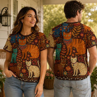 Load image into Gallery viewer, Whimsical Cat Pattern Tshirt Women All Over Print Boho Design Folk Art Style Featuring Decorative Felines Swirling Florals Vintage Autumn Aesthetic Warm Color Tones Orange Teal Brown Lightweight Breathable Fabric Casual Outfit Essential