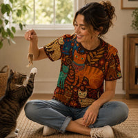 Load image into Gallery viewer, All Over Print Cat Tshirt Women Boho Folk Art Style Vintage Design Featuring Decorative Cats Swirls Florals Warm Autumn Color Palette Orange Teal Brown Lightweight Breathable Casual Top Perfect Cat Lover Gift Idea Whimsical Pattern Shirt