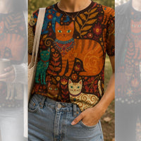 Load image into Gallery viewer, Boho Cat Tshirt – Folk Art Design with Vintage Autumn Florals