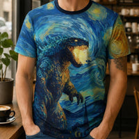 Load image into Gallery viewer, Godzilla Van Gogh Shirt Starry Night Design All Over Print Kaiju Art Tee Monster Silhouette Classic Impressionist Style Swirling Blue Yellow Brushstrokes Perfect Gift For Monster Fans Art Lovers Unique Graphic Apparel Conversation Starter