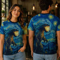 Load image into Gallery viewer, Van Gogh Style Godzilla Shirt Starry Night Kaiju Art Design All Over Print Monster Tee Classic Impressionist Brushstrokes Swirling Blue Yellow Pattern Perfect For Art Enthusiasts Monster Movie Fans Unique Graphic Apparel Statement Fashion