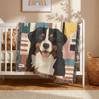 Load image into Gallery viewer, Personalized Puppy Throw Custom Dog Photo Blanket Woven Cotton Pet Portrait Tapestry With Colorful Fringed Edges Bernese Mountain Dog Gift Perfect For Pet Owner Mom Dad Cozy Sofa Accent Wall Hanging Art Memorial Keepsake Modern Mid Century