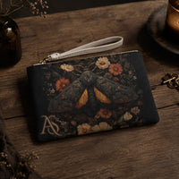 Load image into Gallery viewer, Vegan Leather Wristlet Clutch Moth Botanical Print Zippered Makeup Bag Travel Organizer Phone Wallet Gothic Cottagecore Style Vintage Floral Illustration Cosmetics Pouch Card Holder Storage Dark Aesthetic Gift For Women Nature Inspired
