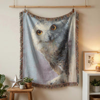 Load image into Gallery viewer, Bohemian Wall Hanging Owl Portrait Tapestry Woven Cotton Textile Art Soft Blue White Design Golden Eye Details Fringe Trim Accent Rustic Farmhouse Bedroom Living Room Office Nature Wildlife Photography Home Collection Cozy Throw Blanket