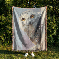 Load image into Gallery viewer, Woven Wall Tapestry Owl Portrait Cotton Textile Blue White Golden Eyes Wildlife Bird Photography Nature Home Accent Rustic Farmhouse Bedroom Living Room Display Cozy Throw Blanket Bohemian Style Fringe Trim Detail Wooden Hanging Rod Perfect