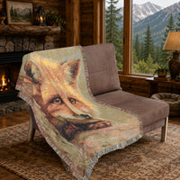 Load image into Gallery viewer, Woven Tapestry Blanket Fox Portrait Design Vintage Style Textile Artistic Painterly Quality Rustic Cabin Throw Soft Comfortable Home Accent Woodland Nursery Essential Decorative Fringe Details Perfect Nature Lover Gift Cozy Bedroom Styling