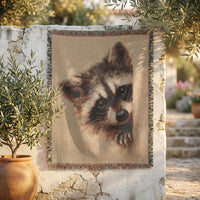 Load image into Gallery viewer, Raccoon Woven Blanket Cotton Throw Wildlife Gift Nature Lover Present Realistic Animal Portrait Design Tapestry Style Weave Farmhouse Home Essential Rustic Cabin Accent Fringed Edge Detail Cozy Comfort Textile Woodland Creature Theme Living