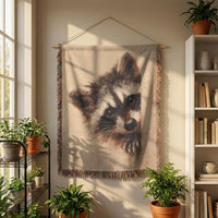 Load image into Gallery viewer, Wildlife Throw Blanket Raccoon Cotton Woven Design Pet Friendly Home Textile Cozy Family Living Space Farmhouse Sofa Covering Rustic Cabin Essential Tapestry Style Weave Fringed Edge Accent Nature Lover Gift Realistic Animal Portrait