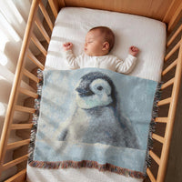Load image into Gallery viewer, Baby Penguin Throw Blanket Woven Cotton Tapestry Nursery Wall Art Wildlife Animal Design Soft Fringe Blanket Coastal Bedroom Accent Decorative Textile Art Penguin Chick Portrait Nature Inspired Throw Cozy Cotton Weave Graphic Animal Details