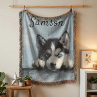 Load image into Gallery viewer, Personalized Dog Blanket Custom Pet Portrait Throw Woven Cotton Gift Embroidered Name Keepsake Perfect Pet Lover Present Birthday Celebration Cozy Furniture Accent Fringed Edge Design Nostalgic Home Textile Cherished Animal Tribute